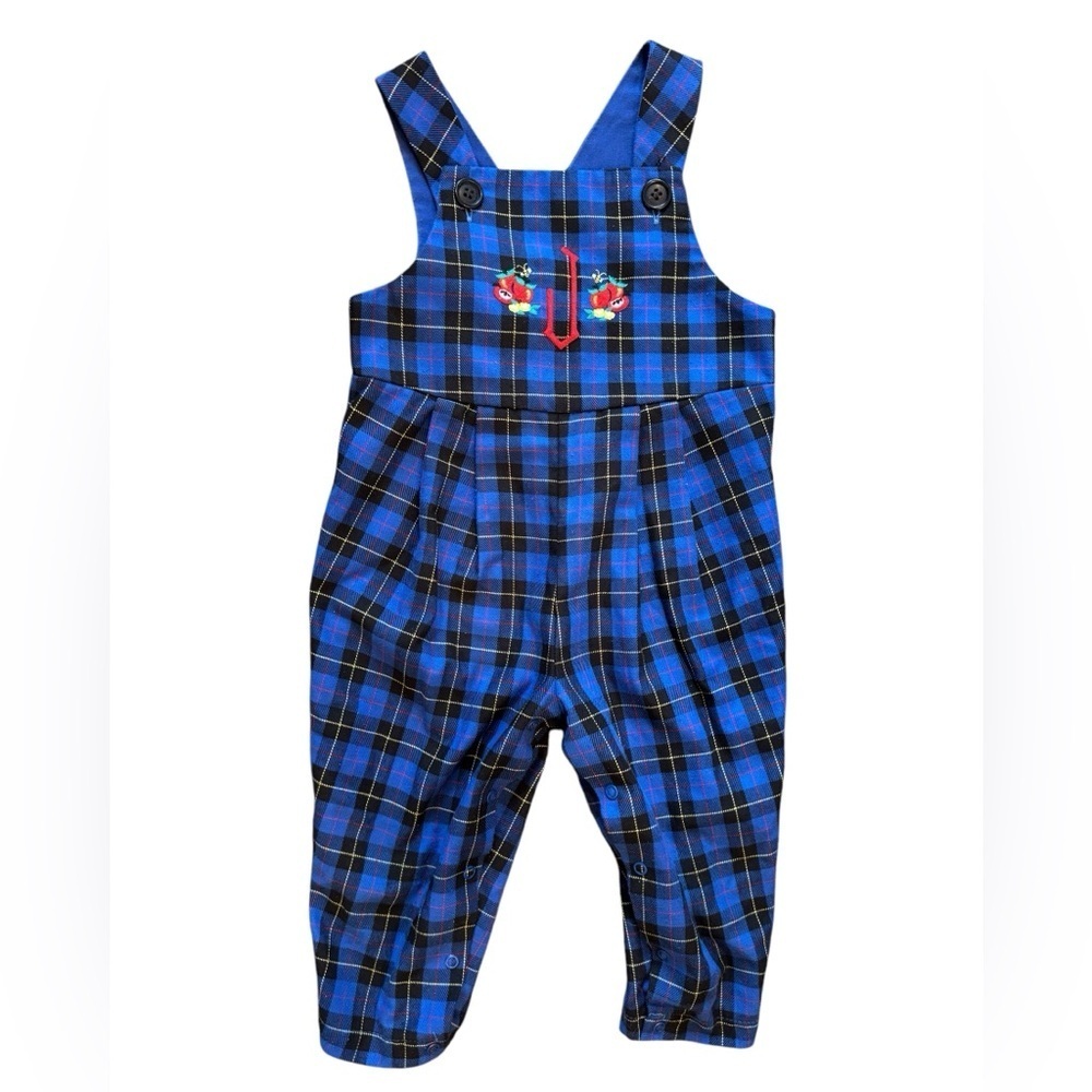 Vintage Fast Friends “J” Monogram Embroidered Bee and Apples Blue Plaid Overalls